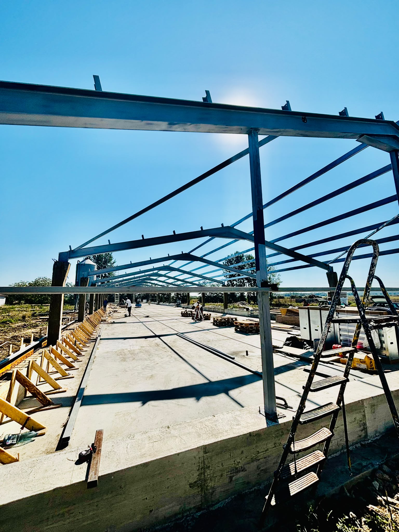 Vedere longitudinală a structurii halei în curs de montaj
